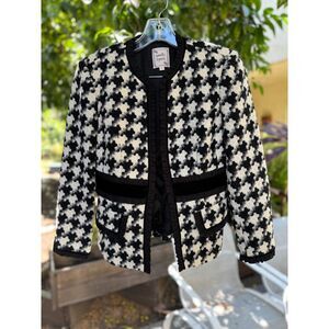 VTG Nanette Lepore Y2K 100% Wool B&W Houndstooth Tweed 3/4 Sleeve Jacket Size 4